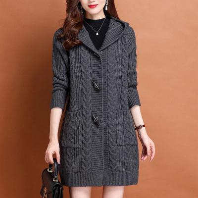 Sweater Knitted Cardigan Women's Autumn and Winter Hooded Fashion All-match Outer Wear Thick Warm Mid-length Jacket