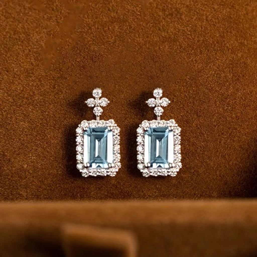 Rectangular Cut Blue Stone Halo Drop Earrings with Top Accents Elegant Bridal Style Women Jewelry