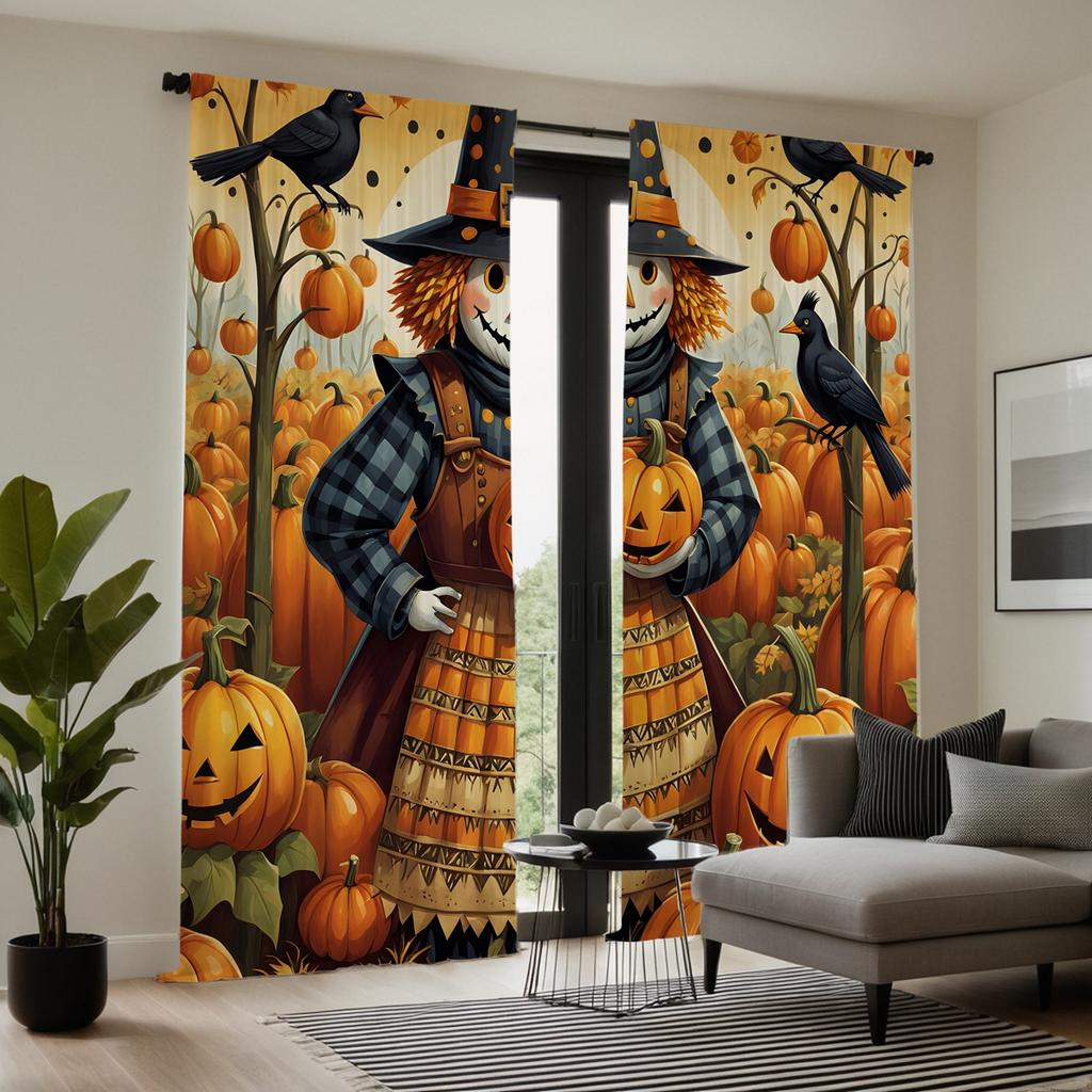 2er-Set HD Halloween Kürbisfeld Vogelscheuche Dekorative Vorhänge Gelbe Krawatte Digital bedruckte Vorhänge Heimdekorationsstil Dez