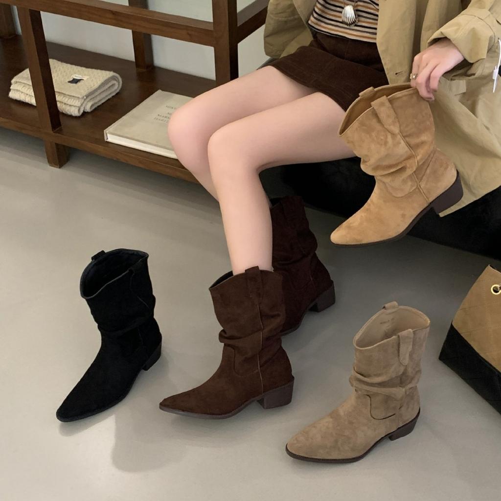 French retro suede stacking boots western cowboy boots women's 2025 autumn and winter new thick heel medium boots versatile short boots