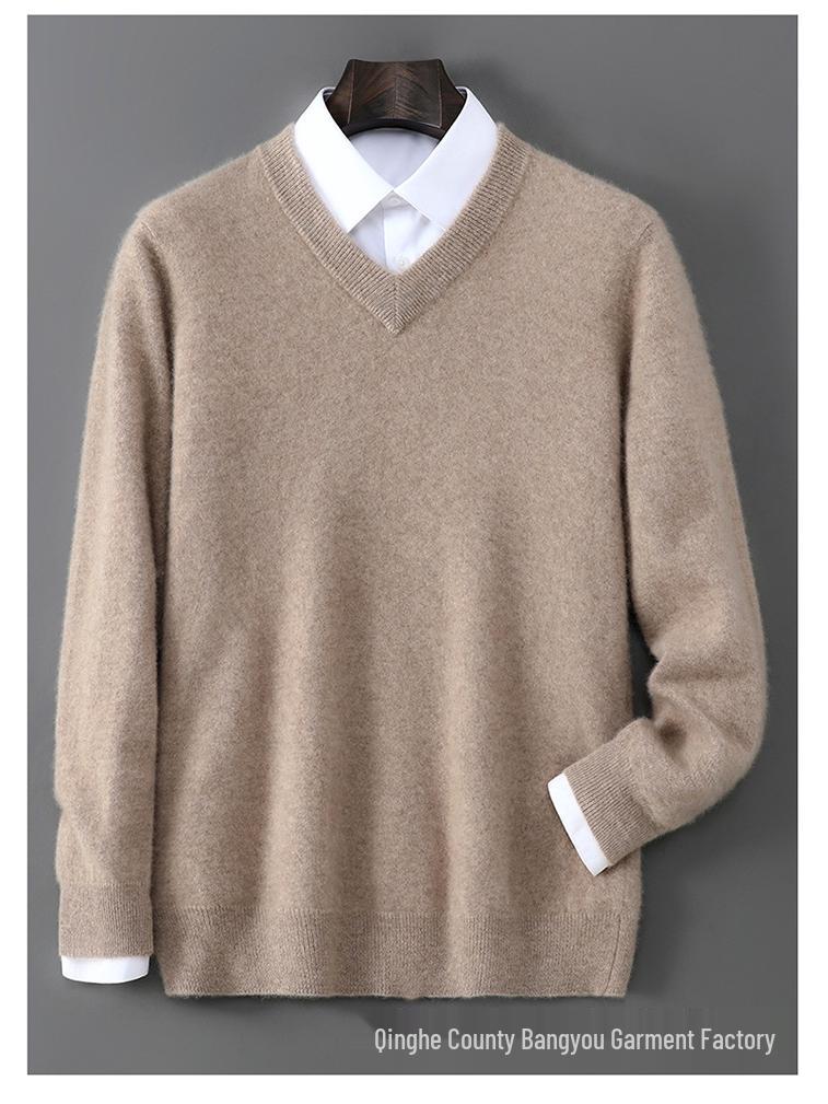 Men's Pure Wool V-Neck Sweater - Loose Fit, Plus Size, Cashmere Blend, Autumn/Winter Collection
