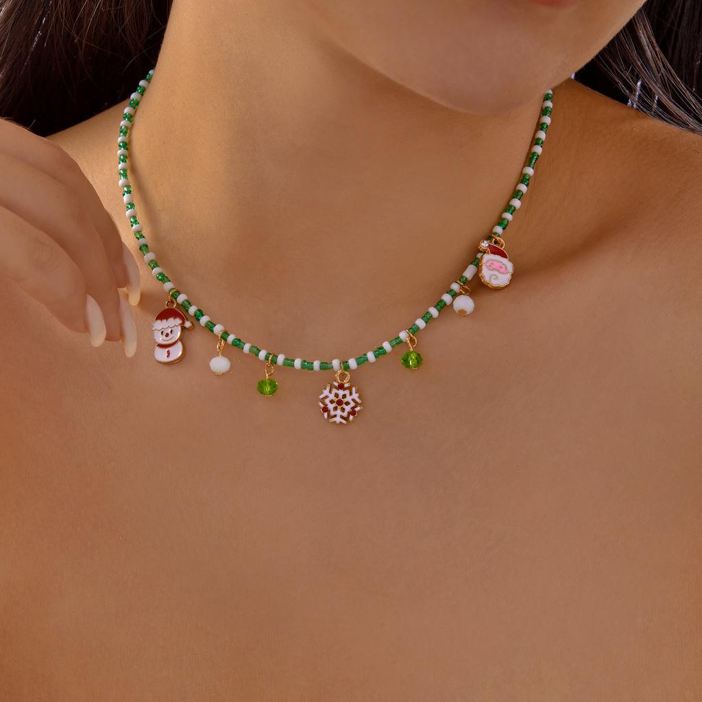 Merry Christmas Colorful Rice Beads Necklace For Women Girls Santa Claus Snowman Christmas Tree Pendant Clavicle Choker Jewelry