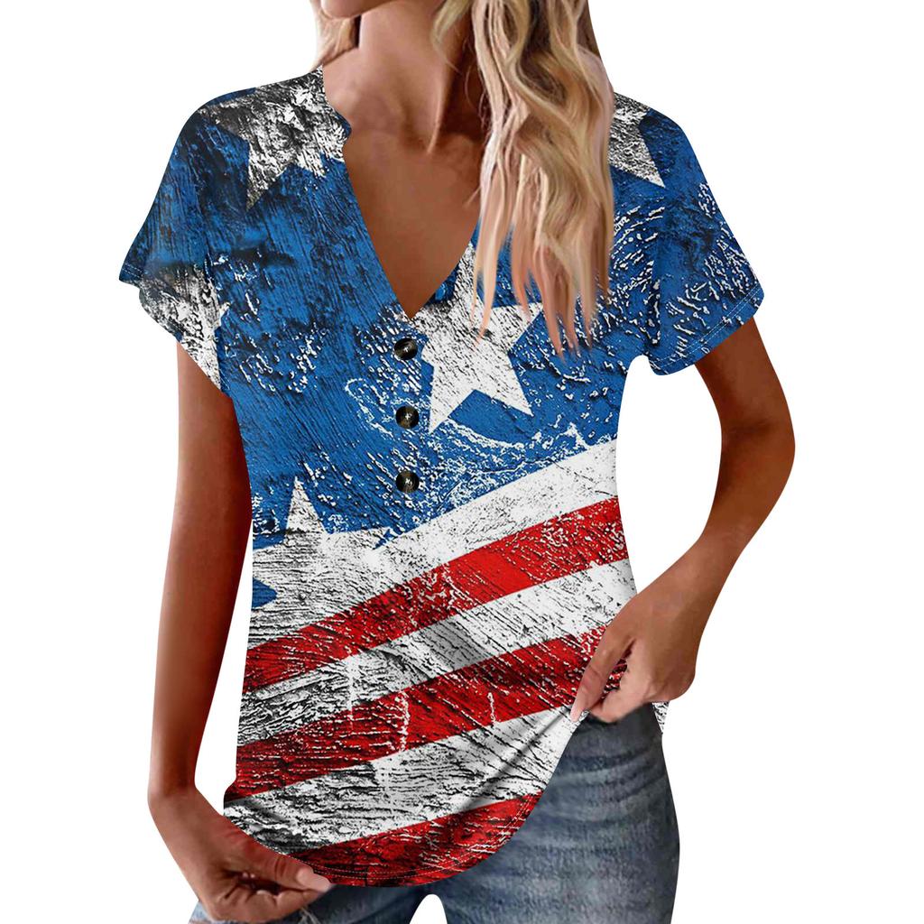 Women's New Button V Neck Fashion Print Short Sleeve Vintage Print T-Shirt Tops Casual Tops Loose T-Shirt Pullover Casual Loose Print Tops