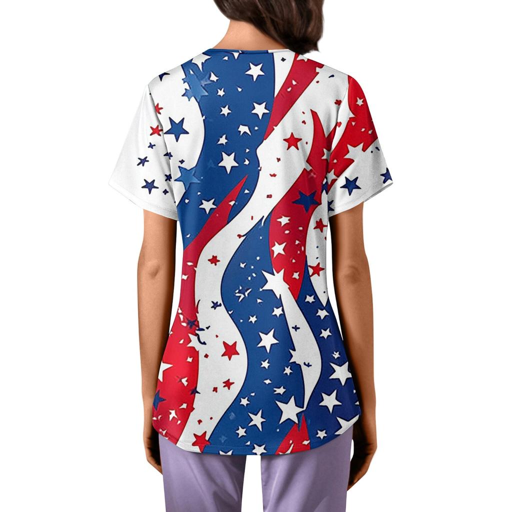 Plus Size Printed Scrub Working Uniform Tops For Women's Cross V Neck Independence Day Print Short Sleeve Fun T-Shirts Workwear Tee With Pockets