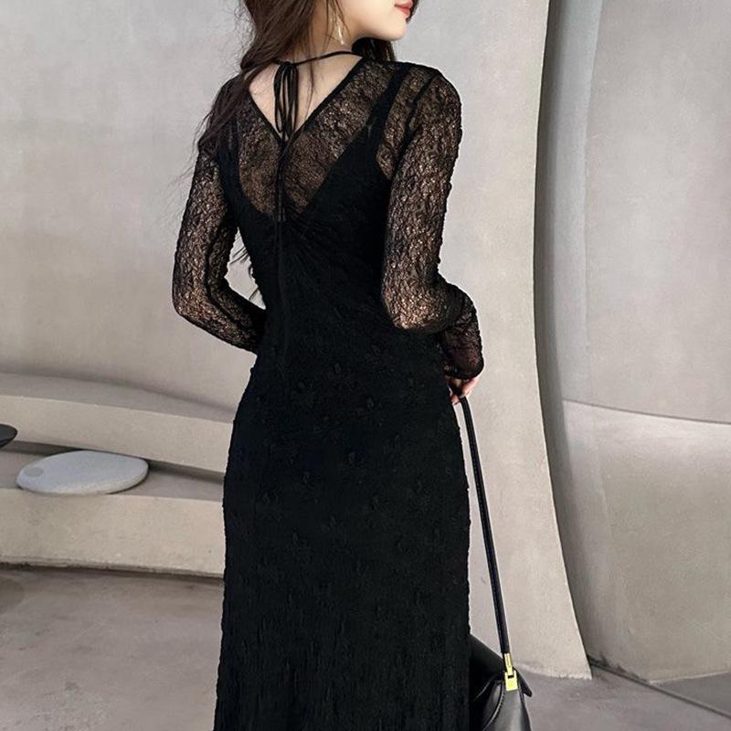 

Sexy Black Lace Hollow-Out Long Sleeve Bodycon Mermaid Dress for Spring/Autumn M
