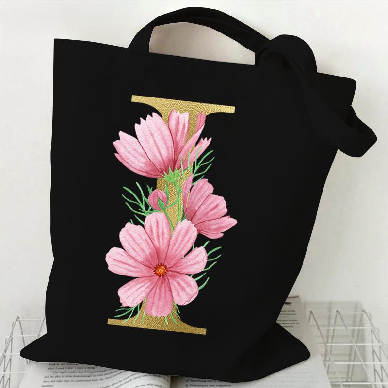 26 Golden Alphabet Floral Tote Bags for Women Large Capacity Canvas Casual New Flower Alphabet Printed Female Reusable Handbag