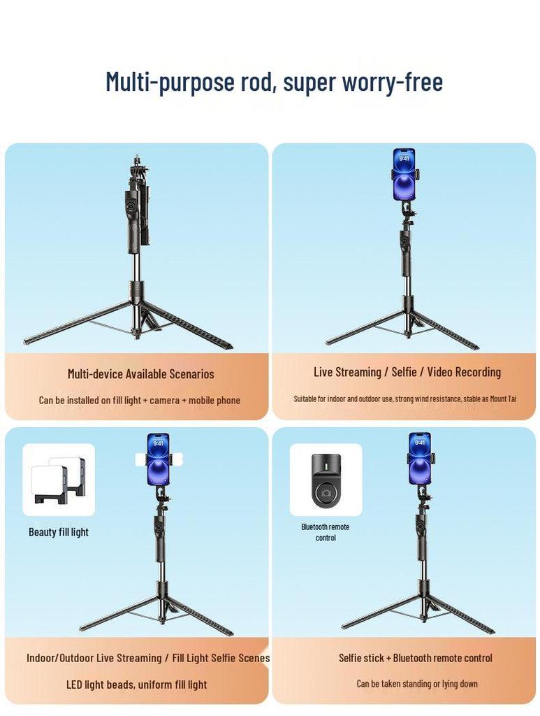 360° Rotating Aluminum Selfie Stick Tripod with Anti-Shake and Universal Live Streaming Holder