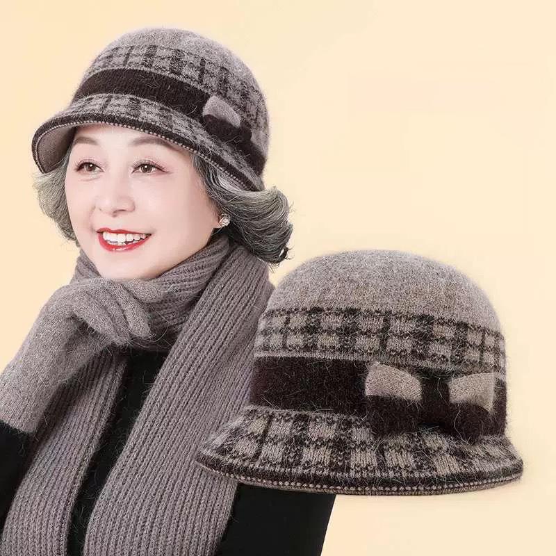 Fashion Outdoor Thickened Fleece Knitted Hat Winter Rabbit Fur Baseball Cap Warm Bow Basin Cap For Middle-Aged And Elderly