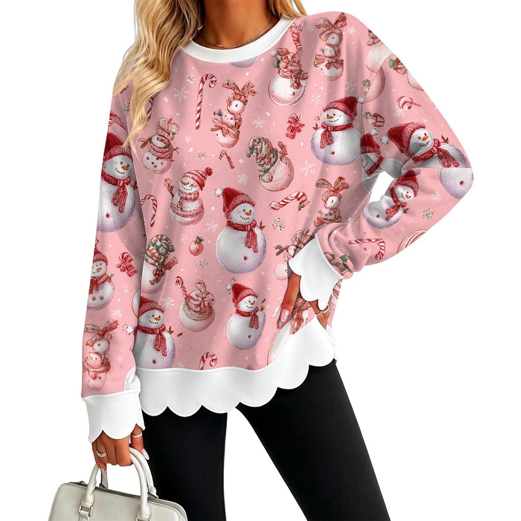 Women's Christmas Print Crewneck Sweatshirt with Scalloped Wavy Hem Casual Holiday Top