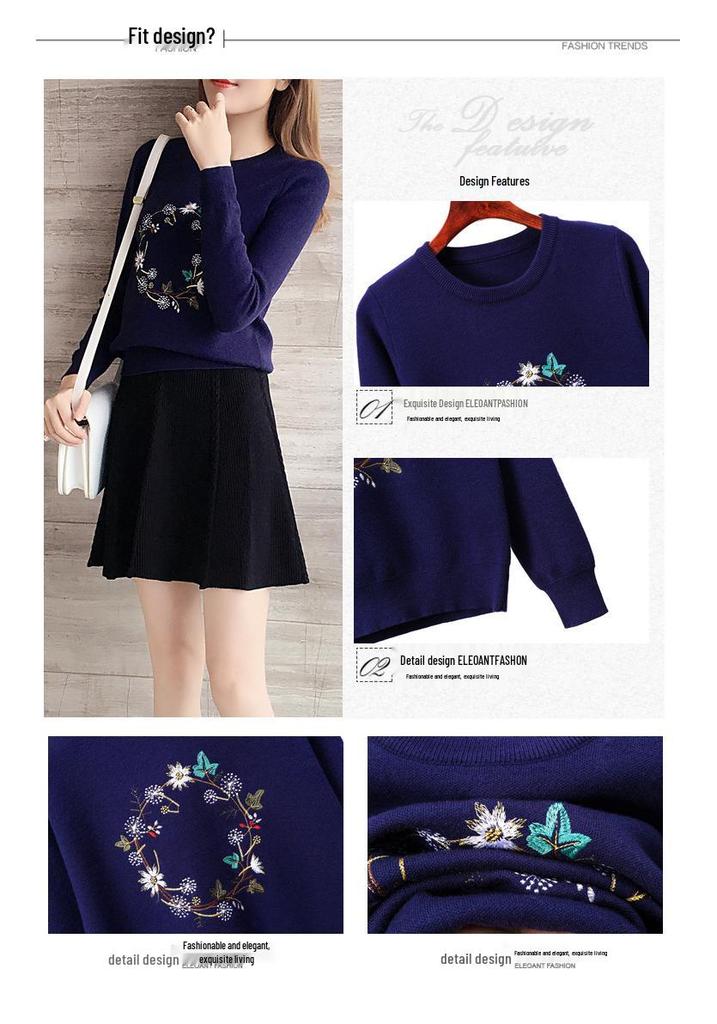 2023 Autumn Women's Embroidered Korean-Style Pullover Sweater - Long Sleeve Base Layer Knitwear
