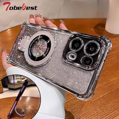 Glitter Shockproof Plating Magnetic Bracket Magsafe Case For Xiaomi Redmi 15C Note 15 Pro Plus 5G Phone Holder Cover