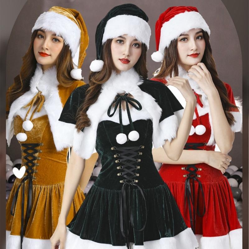 Christmas Costume Accessories Set with Christmas Dress Christmas Hat and Shawl Women Christmas Santa Dress up Outfits