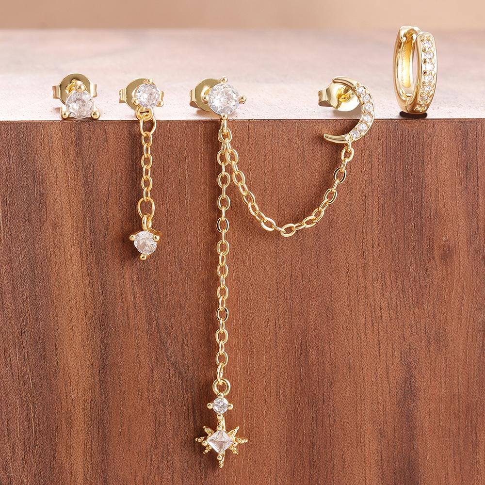 4PCS Women's Earrings Set Stainless Steel Cubic Zirconia Chain Moon Star Unique Punk Unisex Rock Earring Piercing Jewelry