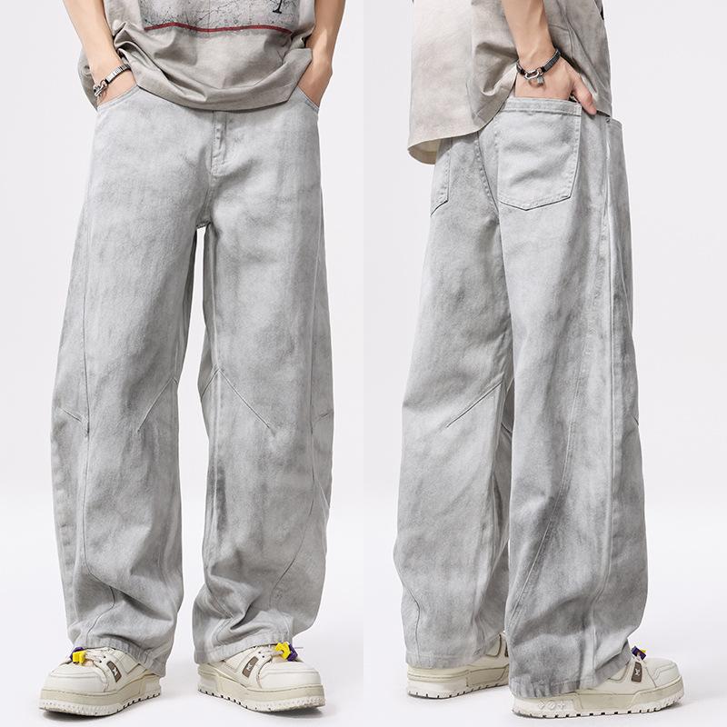 Fable Men's White New Spring And Autumn Style Dirty Jeans Scimitar Loose Wide-Leg American Floor Pants Cm