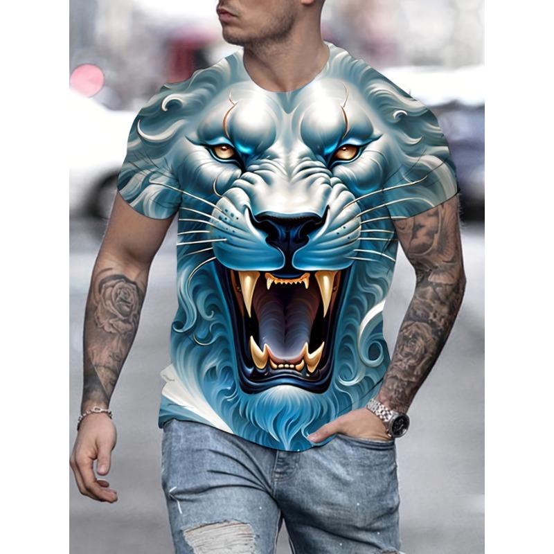T-shirt da uomo con leone ruggente 3D Blu Freddo Grafica Re Animale Stampata Manica Corta Casual Girocollo Pullover Streetwear Punk Tee Top Abbigliamento da Uomo
