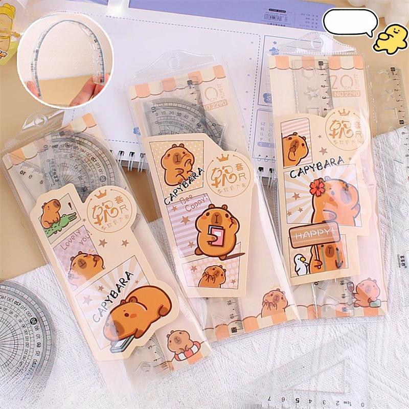 6Pcs New Plastic Ruler Cartoon Stationery Capybara Ruler Set Gift Transparent Drawing Ruler Cute Cartoon Straight Ruler Standard Measuring Tool