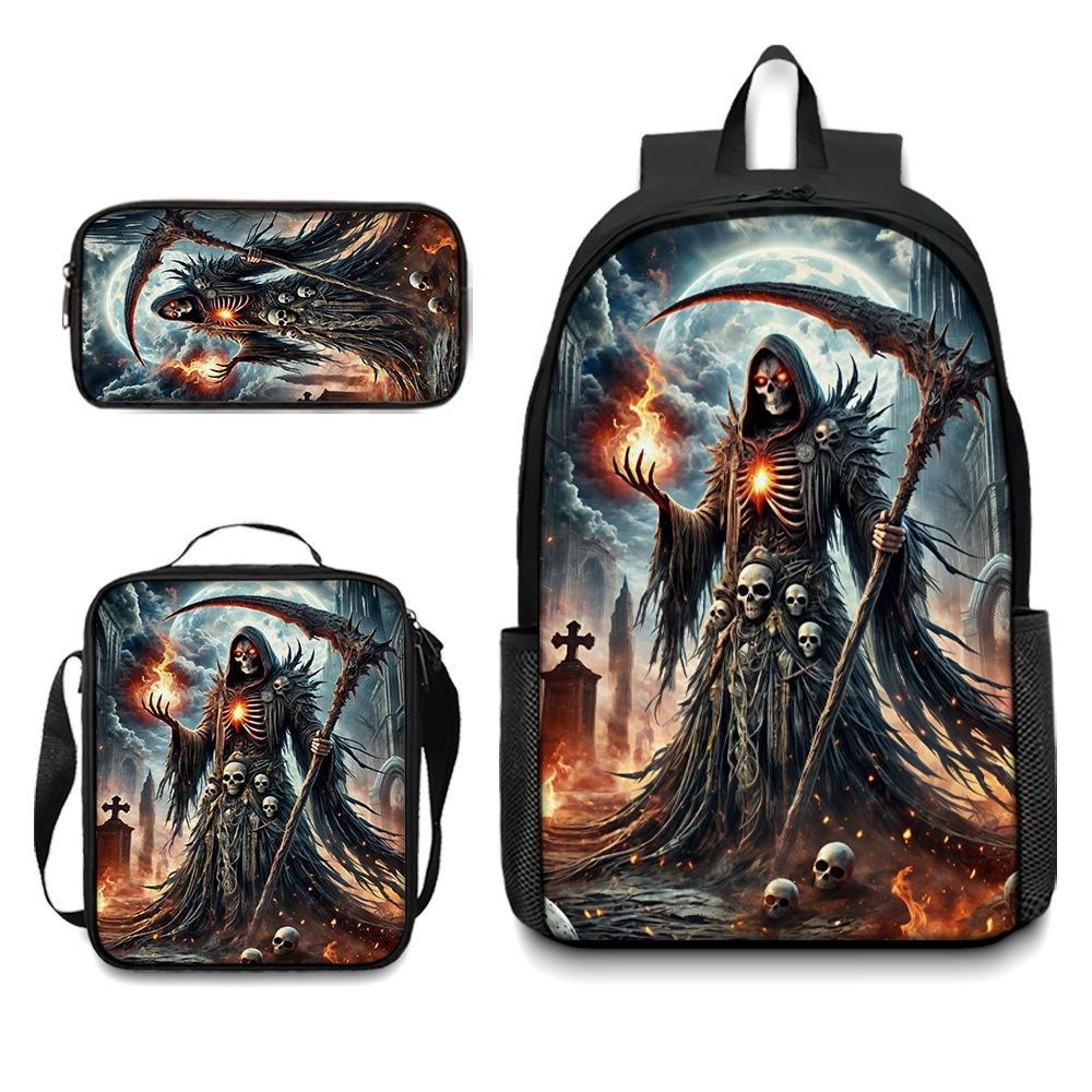 Skull Student Backpack Set Fashion Double Shoulder Bag Crossbody Bag Pencil Case Trendy Accessories Multifunctional School Bag