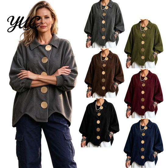 Lady Corduroy Jacket Women with Large Metal Buttons, Lantern Sleeve Casual Long Coat for Fall Winter, Loose Fit Oversized Collared Outerwear Warm