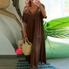Women's Summer Fashion Large Size V-neck Solid Color Short-sleeved Loose Long Swing Dress