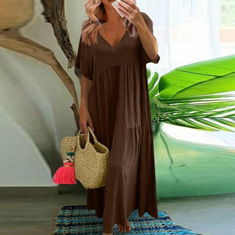 Women's Summer Fashion Large Size V-neck Solid Color Short-sleeved Loose Long Swing Dress