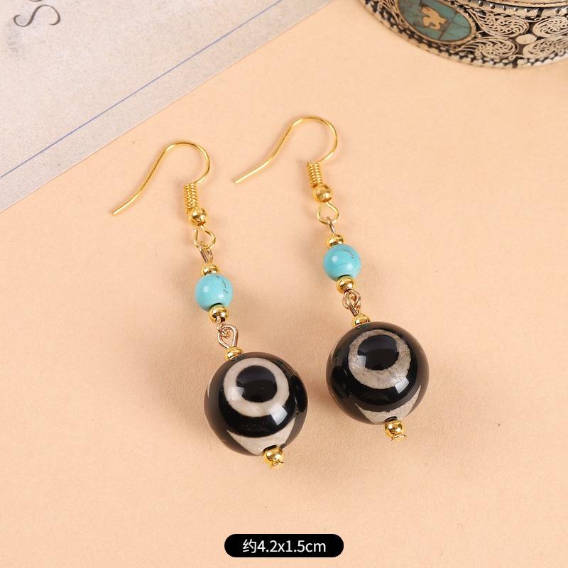Original design Tibetan nine-eye dzi bead agate earrings retro literary tiger tooth earrings Chinese earrings women