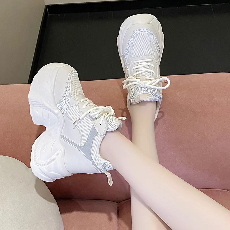 Fashion 9.5CM High Platform Women Bling Sneakers New Autumn Thick Sole Casual Dad Chunky Shoes Woman Sports Walking Shoes Zapatos Mujer