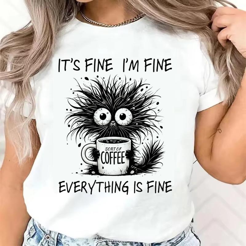 

Funny Design T Shirt Short Sleeve T-Shirt Whimsical Cat and Coffee Graphic Print Women s T-Shirt Clothing Women s Top Tee XL
