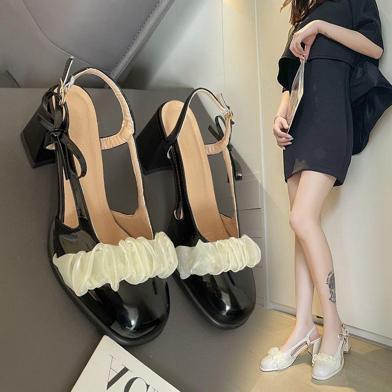 French design sense niche bow single shoes bag head sandals thick heel Mary Jane shoes women's 2025 summer and autumn new