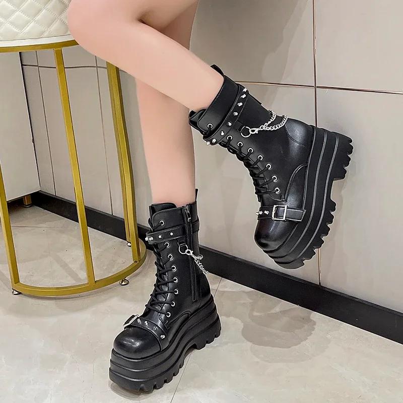 Fashion Platform Thick Gothic Boots Lady Buckle Autumn Women Wedges Knee High Booties Punk Street Cosplay Botas Motorcycle Chain Shoes