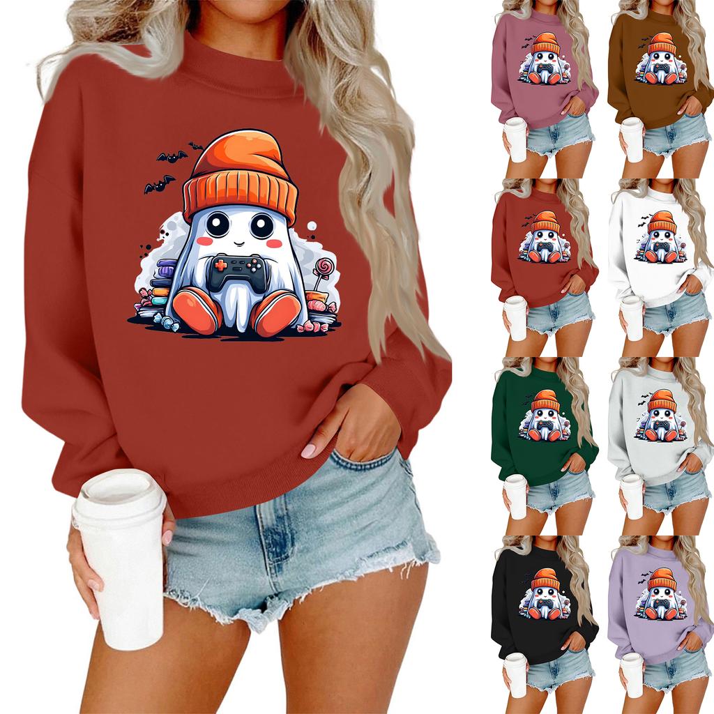 Women's Casual Fashion Round Neck Long Sleeve Halloween Printed Sweatshirt