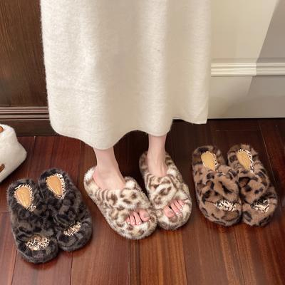 Leopard Print Thick Bottom Heightening Fluffy Slippers Women's Wear 2025 New Autumn and Winter Fashion Home Fluffy Cotton Slippers