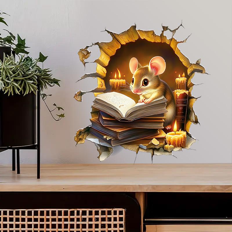 Cozy Cartoon Mouse Reading Book by Candlelight At Mouse Hole Toilet Wall Sticker Self-Adhesive Bathroom Home Decor Art Wholesale