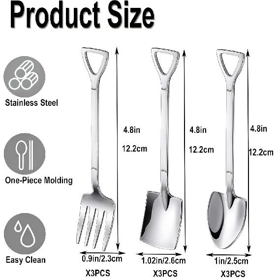 9 Pcs Silver Mini Shovel Spoons and Fork Set for Desserts Include 3 Shovel Shape 3 Pointed 3 Stainless Steel Fork Ice Cream Spoons for Home Party