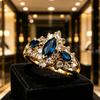 Vintage Gold Tone Ring with Blue Sapphire & Clear CZ, Marquise Cut Halo Design, Elegant Wedding Party Jewelry for Women