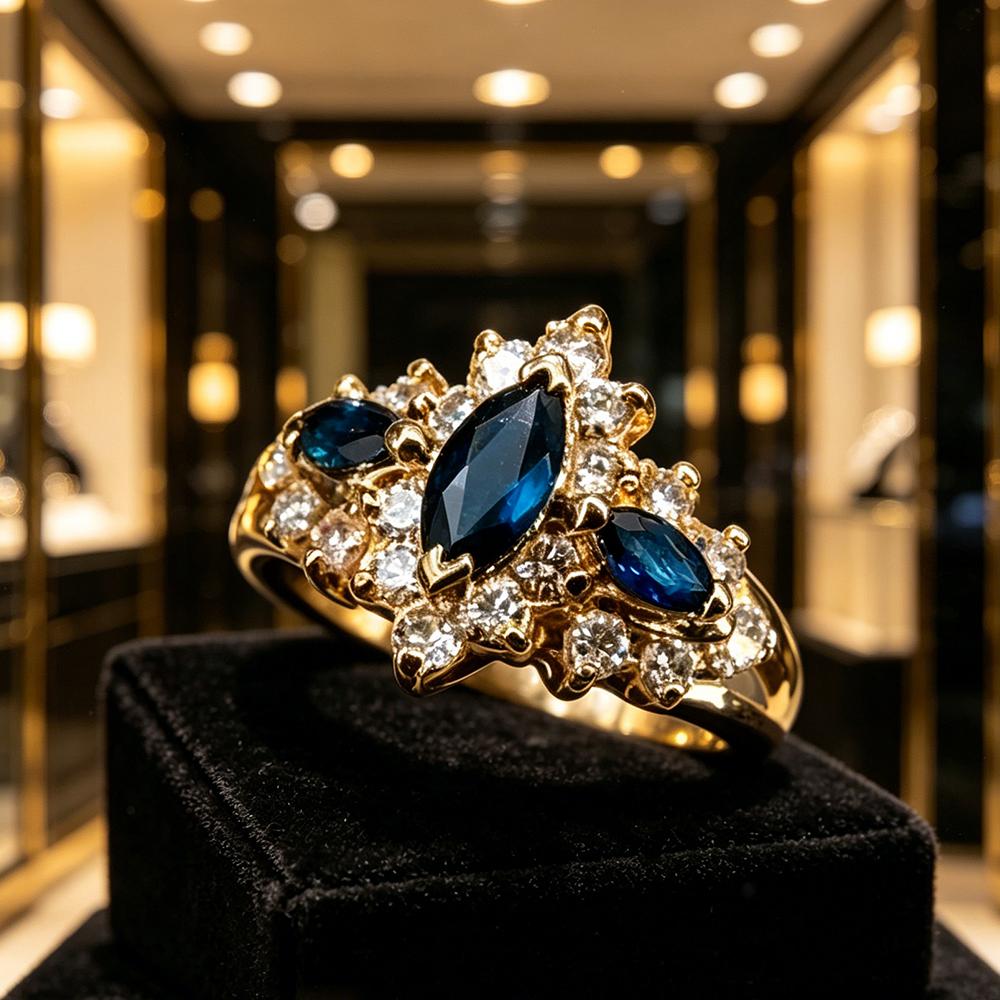 Vintage Gold Tone Ring with Blue Sapphire & Clear CZ, Marquise Cut Halo Design, Elegant Wedding Party Jewelry for Women