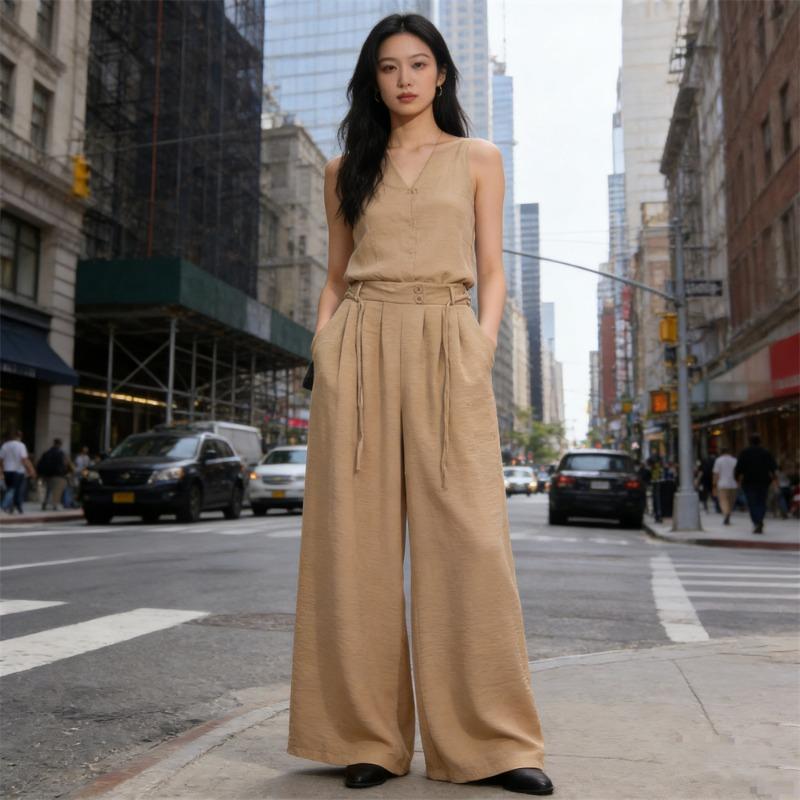 Casual Loose Lace-up Women's Wide-leg Pants Spring Summer Solid Color Elastic Waist Sweatpants Lace-up Trouser Women's Casual Simple Clothing