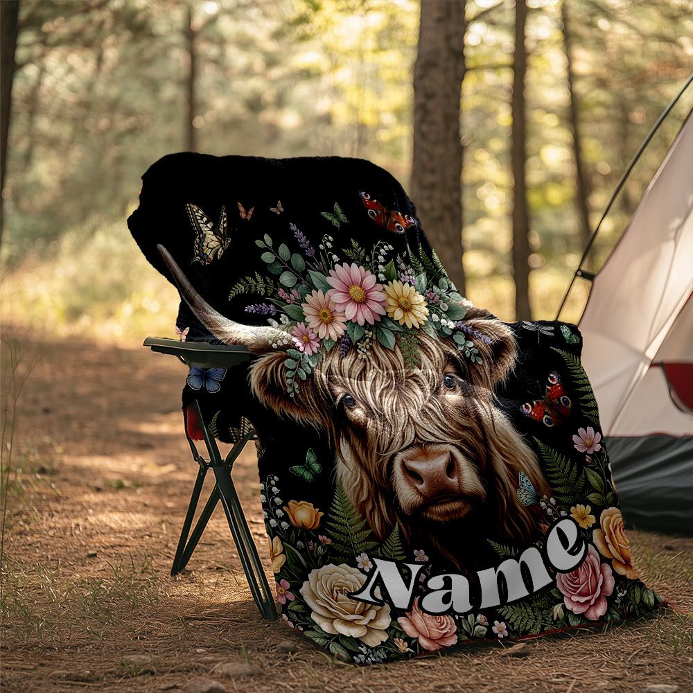 Floral Highland Cow Customize Your Name Outdoor Blanket Comfortable Soft Lightweight Allseason Multipurpose Blanket For Travel Camping Picnics Sofa