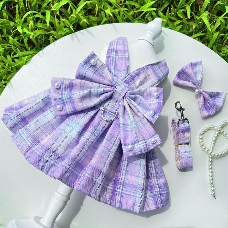 Pet JK Plaid Dress With Harness Loop Small Dogs Cats Teddy Bichon Corgi