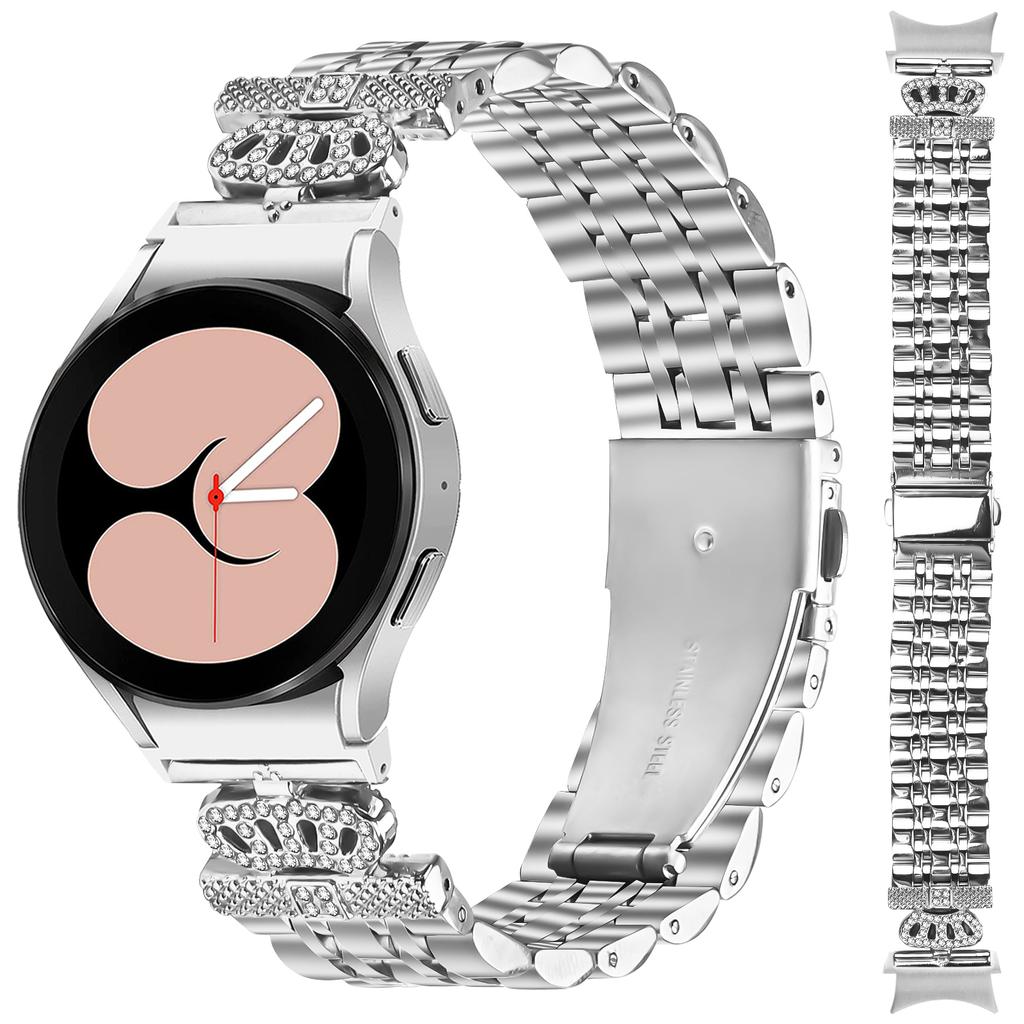 Watch Band with Connector For Samsung Galaxy Watch6 Classic 47mm/43mm/Watch6 44mm/40mm 7-Bead Rhinestone Crown Stainless Steel Strap Silver