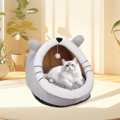 Cute Cat Cave Bed Funny Cat Nest with Hanging Ball Cozy Cat Calming Bed with Ears Washable Removable Cushion for Small Pets