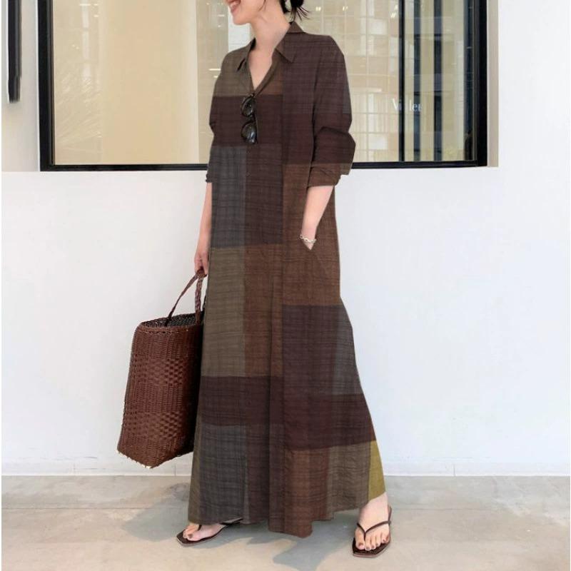 

Скрытый принт лацкан длинный рукав вставной карман простое свободное повседневное длинное платье-рубашка 3XL коричневый