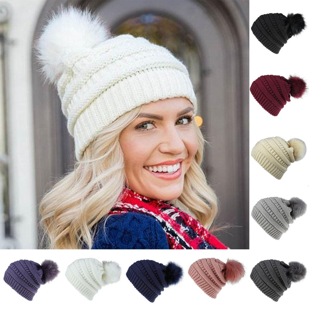 Women Satin Lined Beanie Hat Knit Cuffed Warm Winter Hats Faux Fur Pom