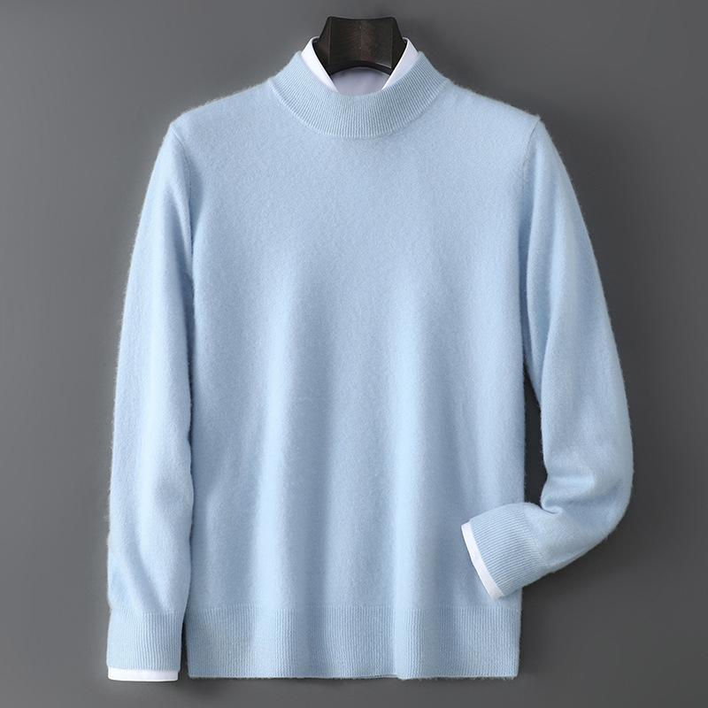 Men's 100% Pure Wool Half-High Neck Sweater - Solid Color, Business Casual Knit Base Layer Top
