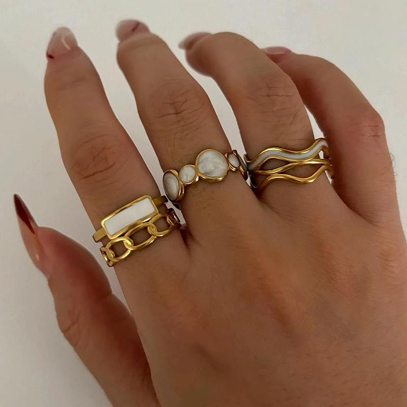 Stainless Steel Vintage White Enamel Open Rings for Women 18K Gold Plated Adjustable Finger Ring Wedding Chic Jewelry