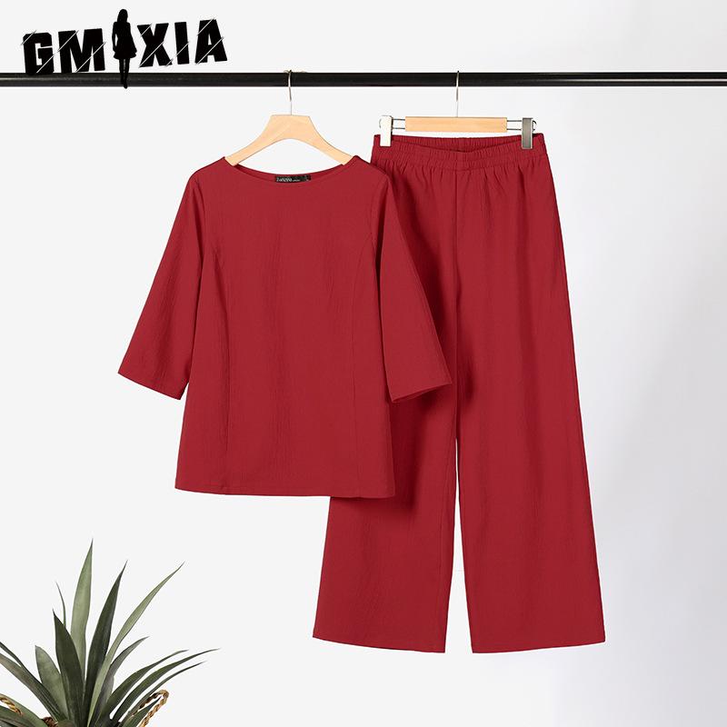 GMXIA Große Größe Damen Einfarbig Vintage Hosenanzug Baumwolle Leinen Lässig Langarm Locker Baumwollanzug