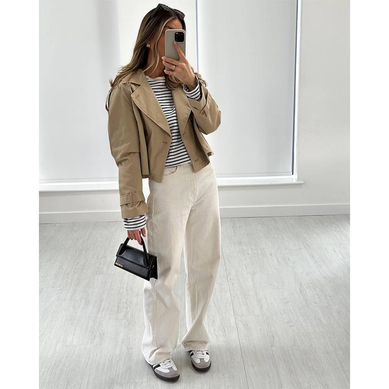 YENKYE Nieuwe Herfst Dames Effen Cropped Trenchcoat Vintage Dubbelrijig Lange Mouwen Korte Jas Reverskraag Windjack