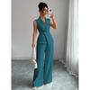 Women's Relaxed Fit Two Piece Pantsuit Sleeveless Blazer Top High Waist Wide Leg Trousers Solid Color Elegant Commuter Matching Outfit
