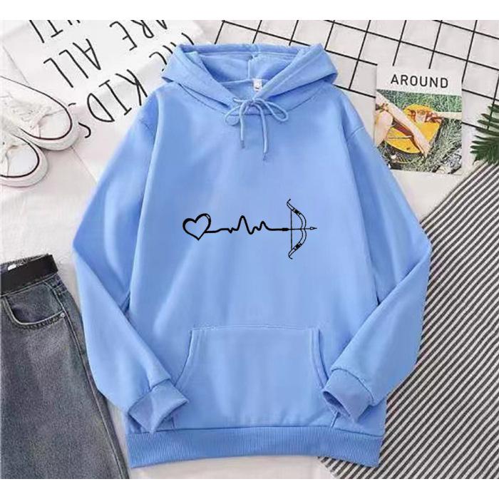 Korean Style Velvet EKG Print Casual Hoodie, Unisex Long Sleeve Pullover for Autumn/Winter