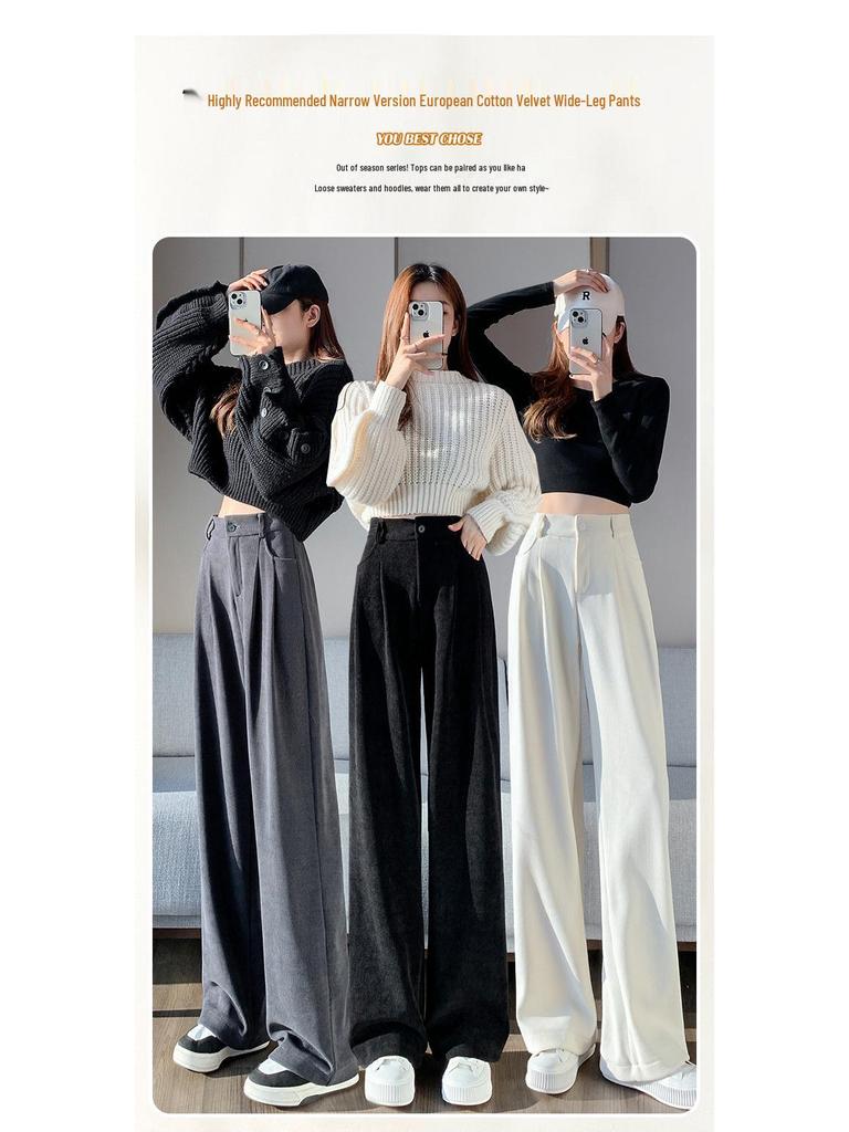 European Cotton Velvet Wide-Leg High-Waisted Women's Corduroy Pants for Autumn/Winter - Drapey, Casual, Floor-Length.