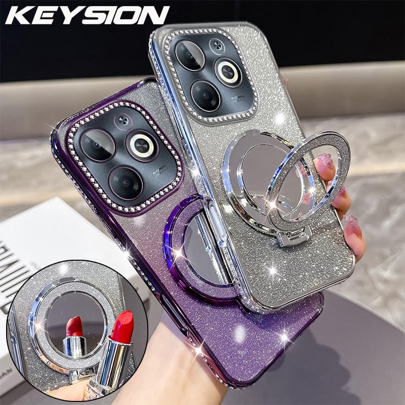 KEYSION Luxury Glitter Jewelled Magnetic Phone Case for Infinix Smart 8 Makeup Mirror Stand Shockproof Cover for Infinix Hot 40i